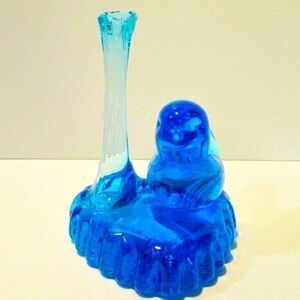 Signed Leo Ward cobalt blue bird of happiness bud vase glass bluebirds vintage
